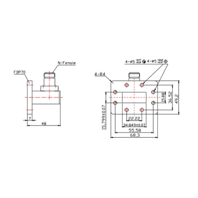 WR137 Waveguide to Coaxial Adapter Right Angle Part no SRFS70WCANKPC