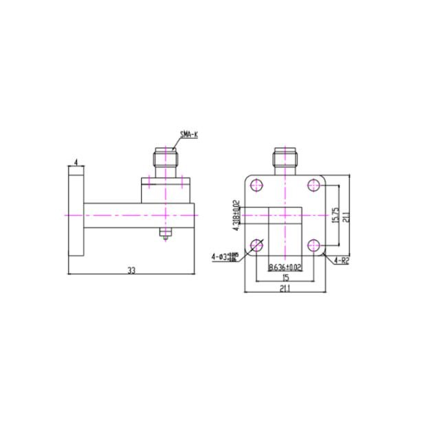 WR34 Waveguide to Coaxial Adapter Right Angle Part no SRFS260WCA2.92KPC