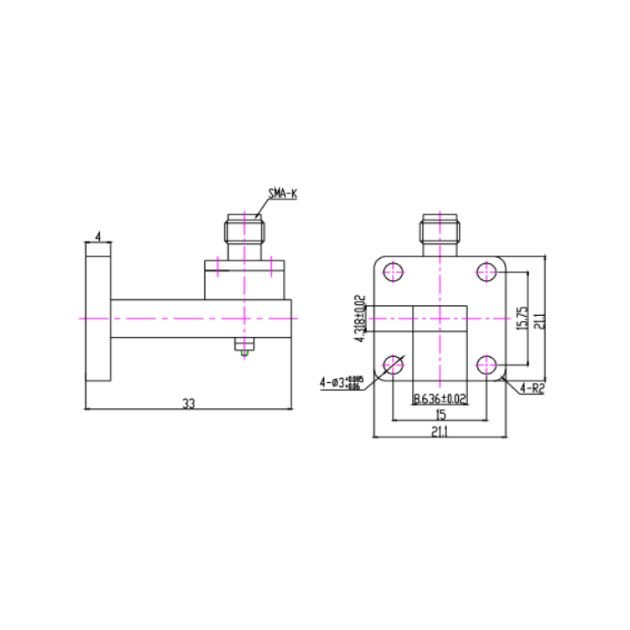 WR34 Waveguide to Coaxial Adapter Right Angle Part no SRFS260WCASKP