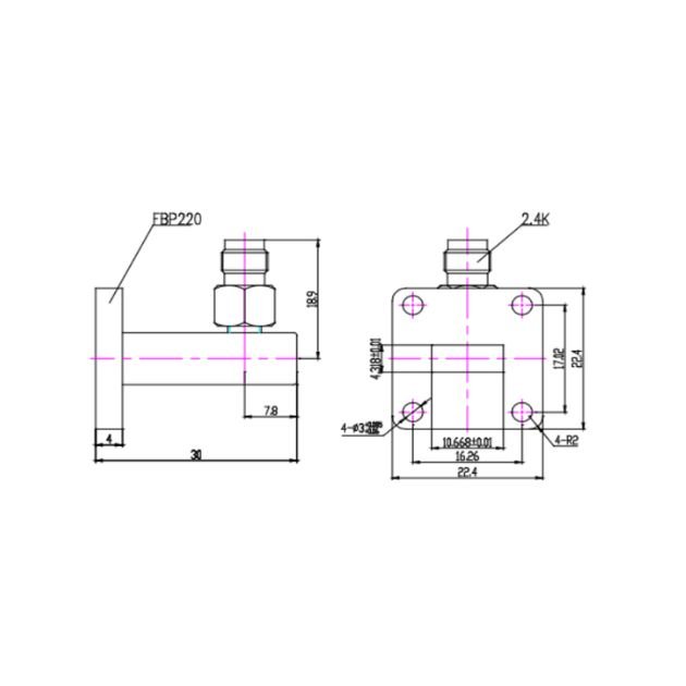 WR42 Waveguide to Coaxial Adapter Right Angle Part no SRFS220WCA2.4KPC