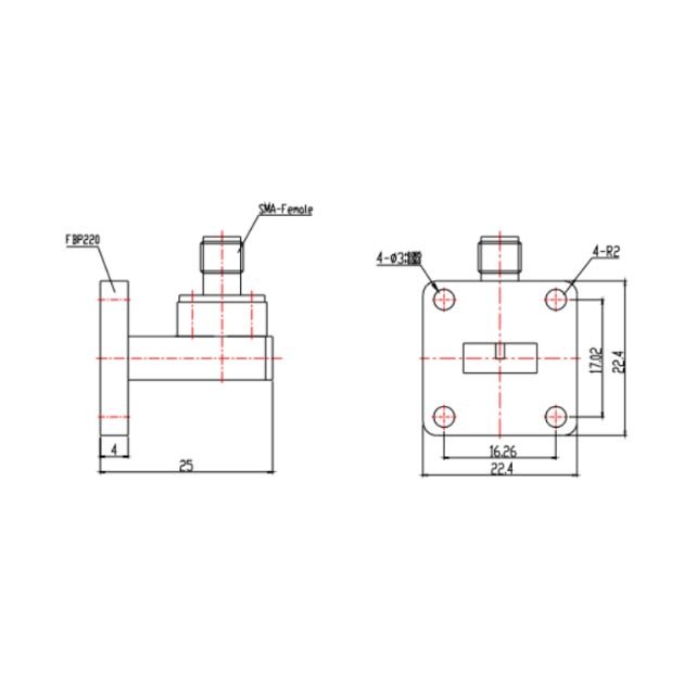 WR42 Waveguide to Coaxial Adapter Right Angle Part no SRFS220WCASKPC