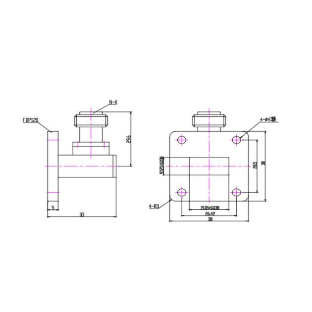 WR75 Waveguide to Coaxial Adapter Right Angle Part no SRFS120WCANKPC