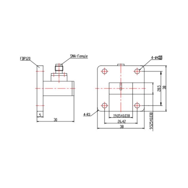 WR75 Waveguide to Coaxial Adapter Right Angle Part no SRFS120WCASKPC